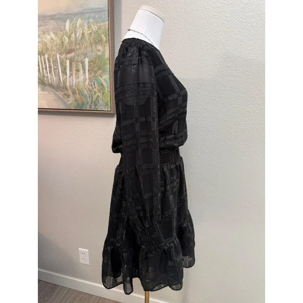 Michael Kors Black Silver Metallic Plaid Smocked Waist Ruffle Mini Dress S